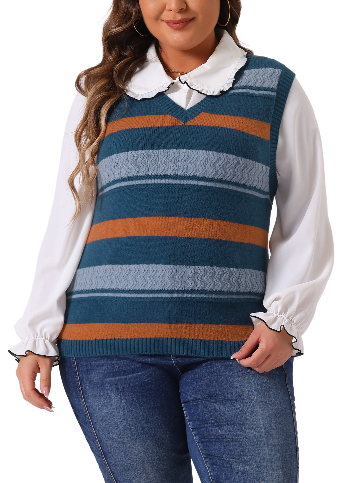 DARING DIVA Women's Plus Size V Neck Striped Knit Sweater Vests 3X Blue