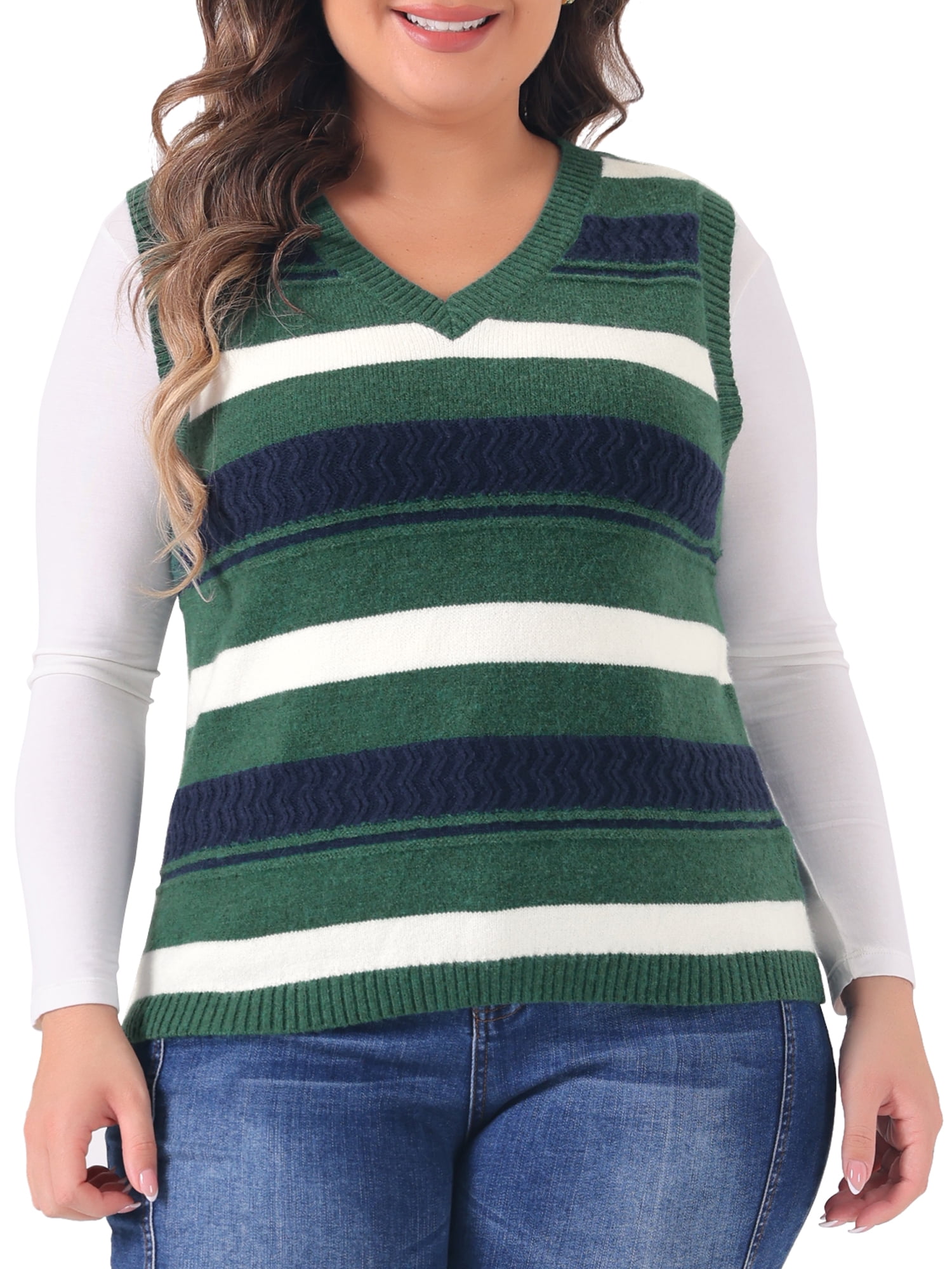 DARING DIVA Women's Plus Size V Neck Striped Knit Sweater Vests 3X Green