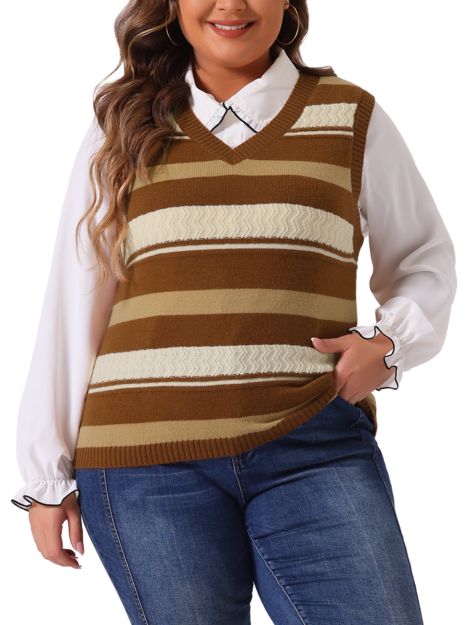 DARING DIVA Women's Plus Size V Neck Striped Knit Sweater Vests 4X Brown