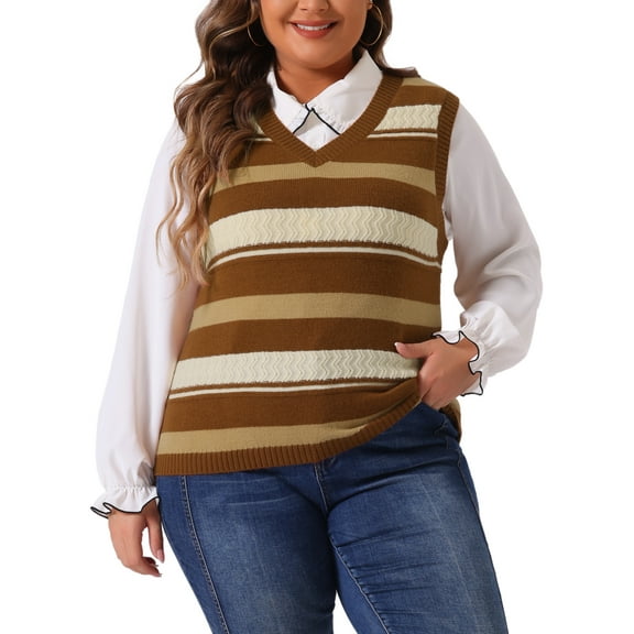 DARING DIVA Women's Plus Size V Neck Striped Knit Sweater Vests 4X Brown