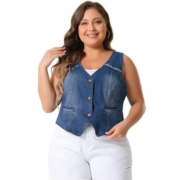 DARING DIVA Women's Plus Size V Neck Washed Distressed Denim Vest 1X Blue