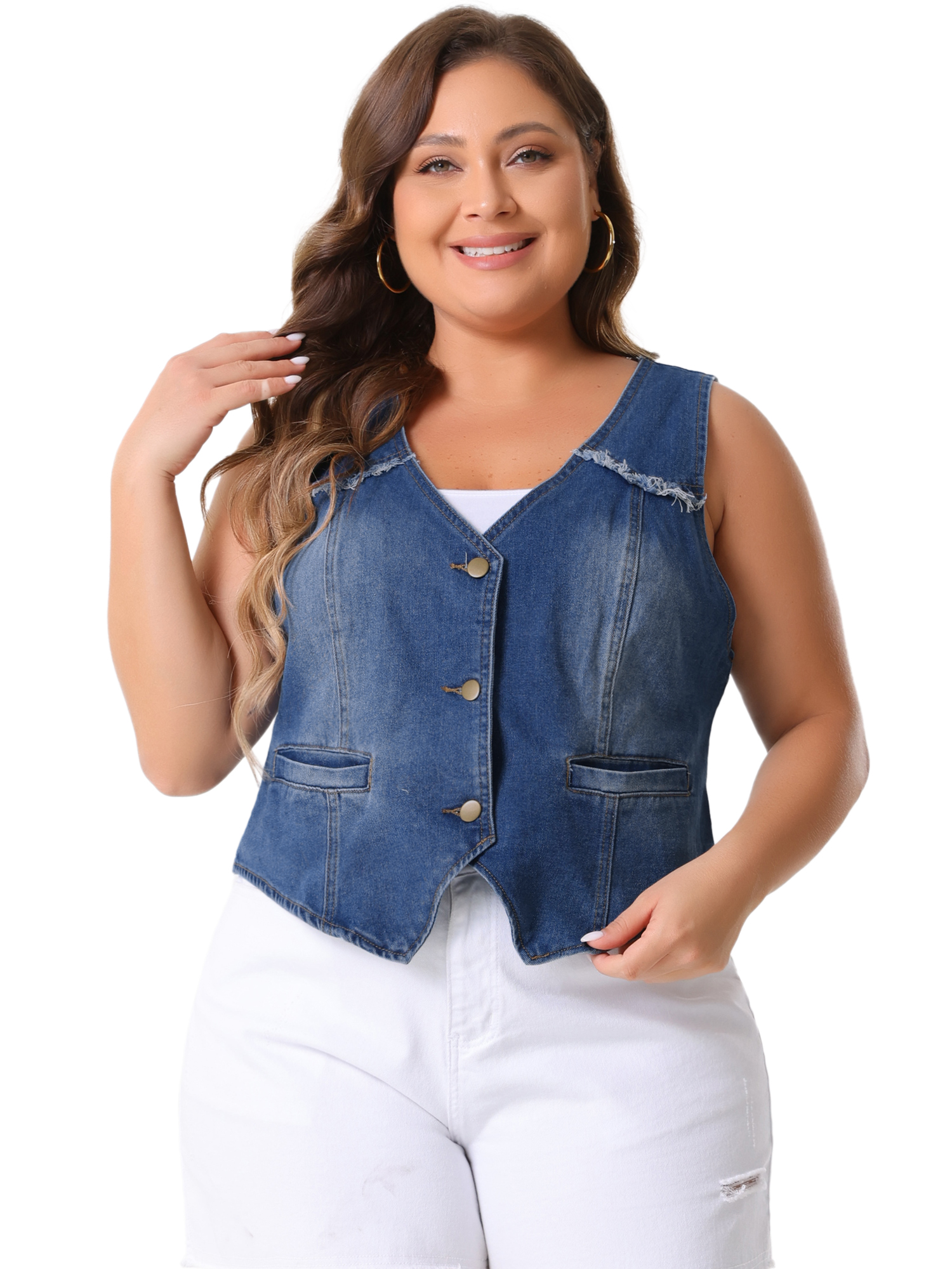 DARING DIVA Women's Plus Size V Neck Washed Distressed Denim Vest 4X Blue