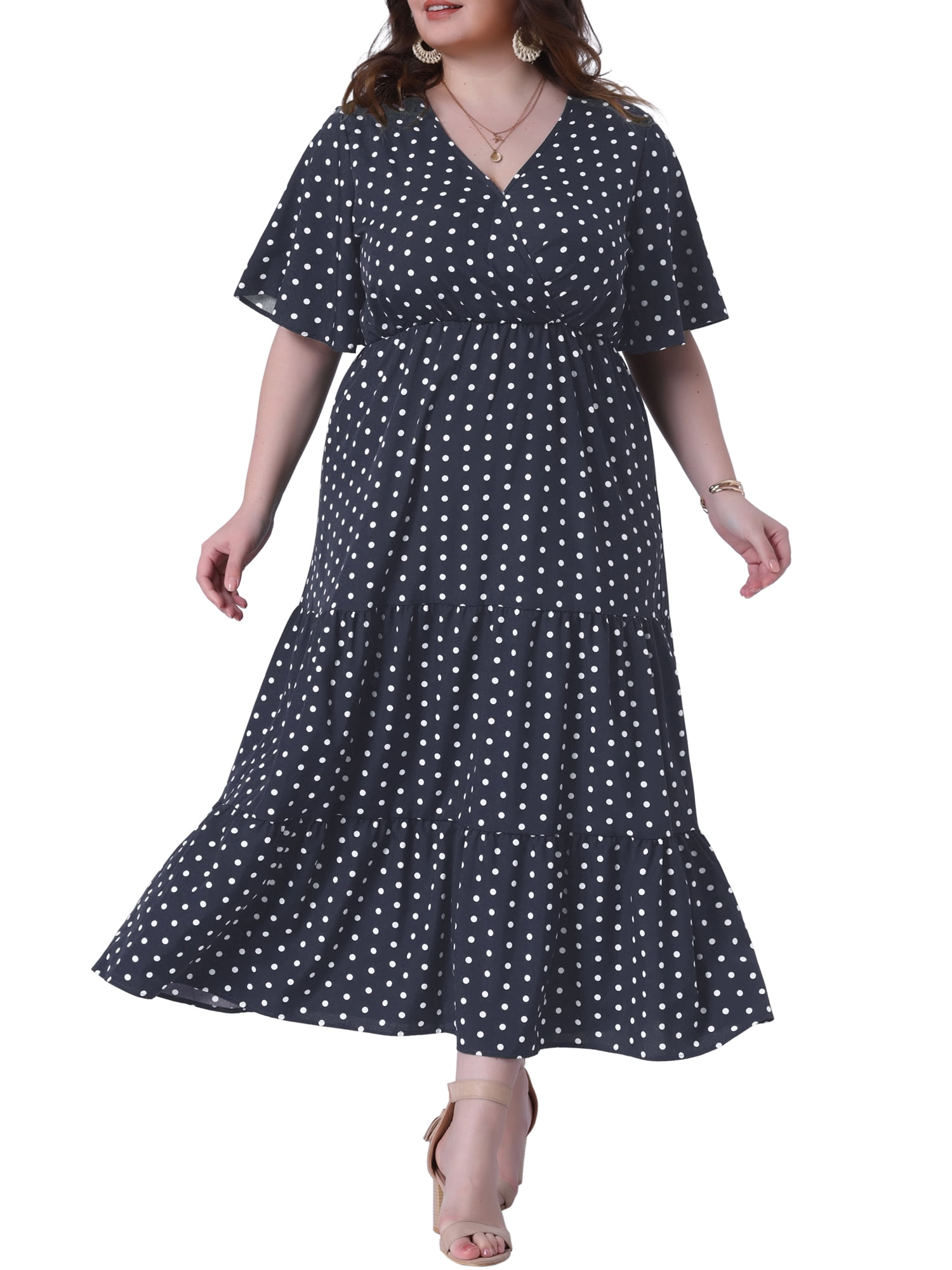 DARING DIVA Women's Plus Size V Neck Wrap Polka Dot A-Line Dress 3X Dark Blue