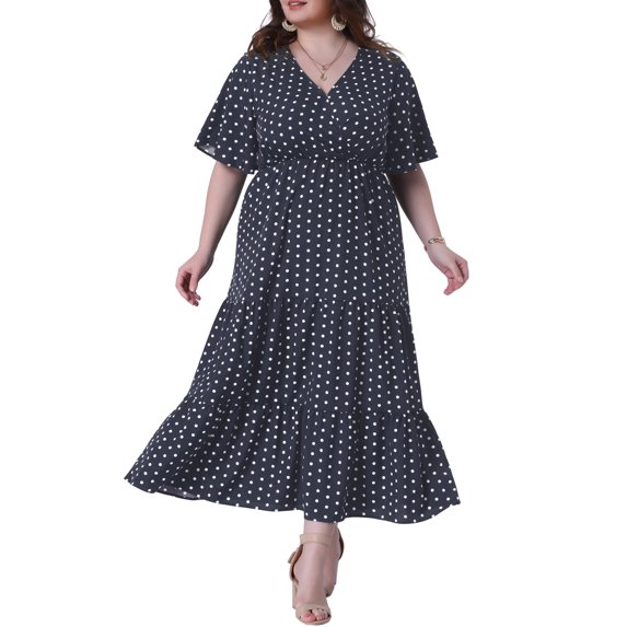 DARING DIVA Women's Plus Size V Neck Wrap Polka Dot A-Line Dress 3X Dark Blue