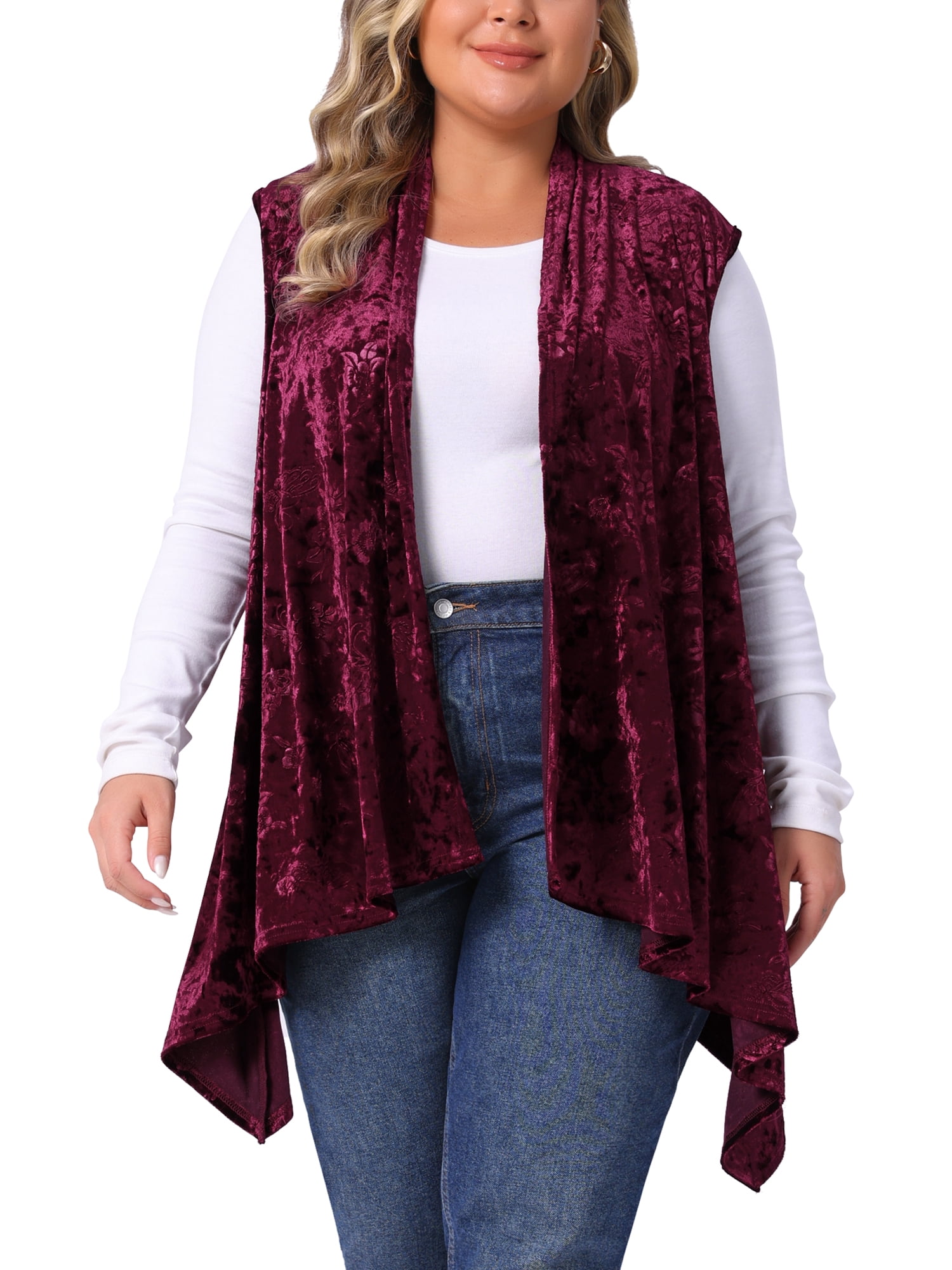 DARING DIVA Women's Plus Size Velvet High Low Hem Open Front Cardigan Vest 1X Burgundy