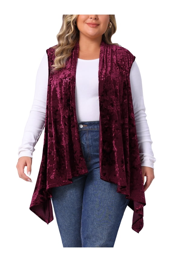 Women's Plus Size Velvet High Low Hem Open Front Cardigan Vest 4X Burgundy
