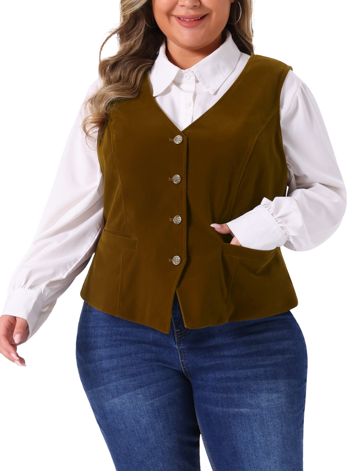 DARING DIVA Women's Plus Size Velvet Sleeveless Button Down V Neck Vest 1X Coffee