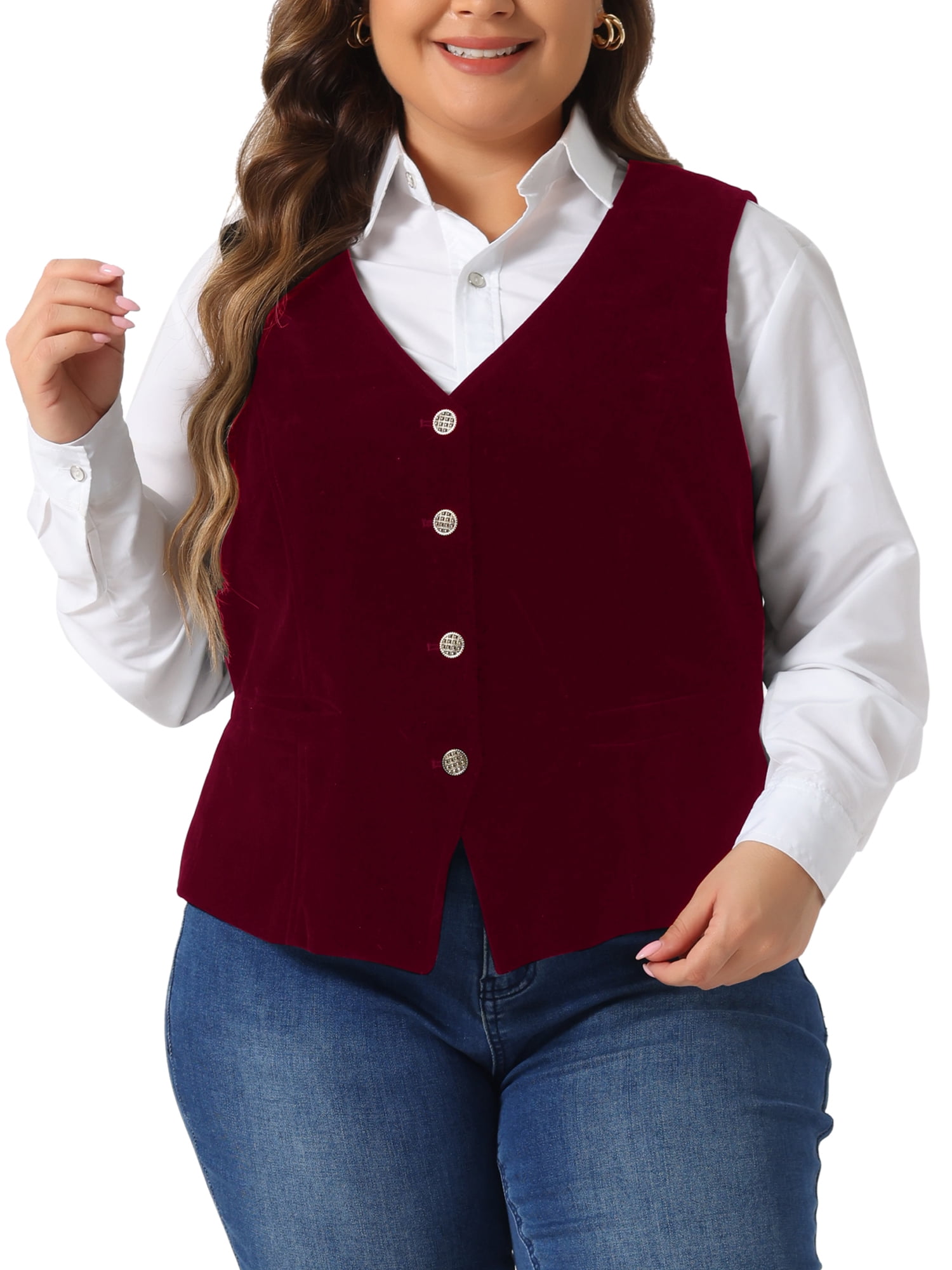 DARING DIVA Women's Plus Size Velvet Sleeveless Button Down V Neck Vest 3X Burgundy