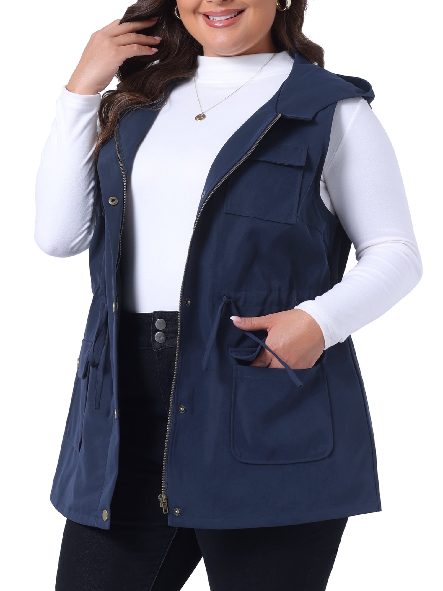 DARING DIVA Women's Plus Size Vest Sleeveless Anorak Cargo Drawstring Jacket 2X Navy Blue