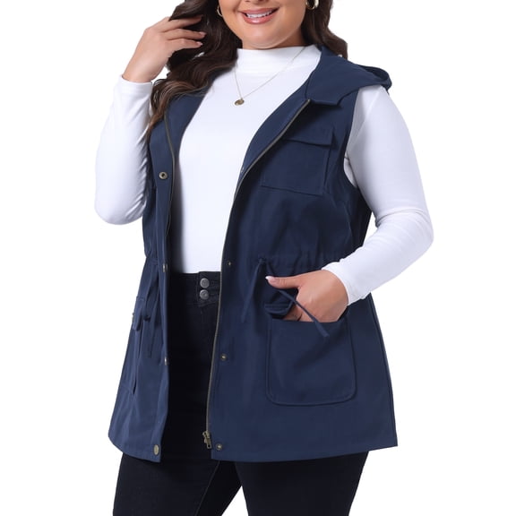 DARING DIVA Women's Plus Size Vest Sleeveless Anorak Cargo Drawstring Jacket 2X Navy Blue