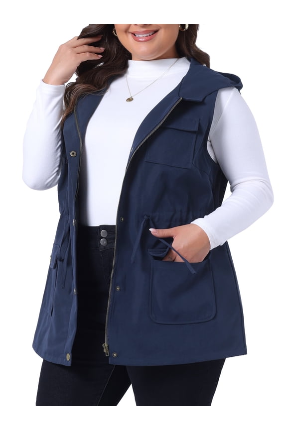 Women's Plus Size Vest Sleeveless Anorak Cargo Drawstring Jacket 2X Navy Blue