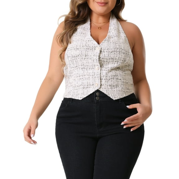 DARING DIVA Women's Plus Size Vintage Halter Button Down Tweed Vests 4X White