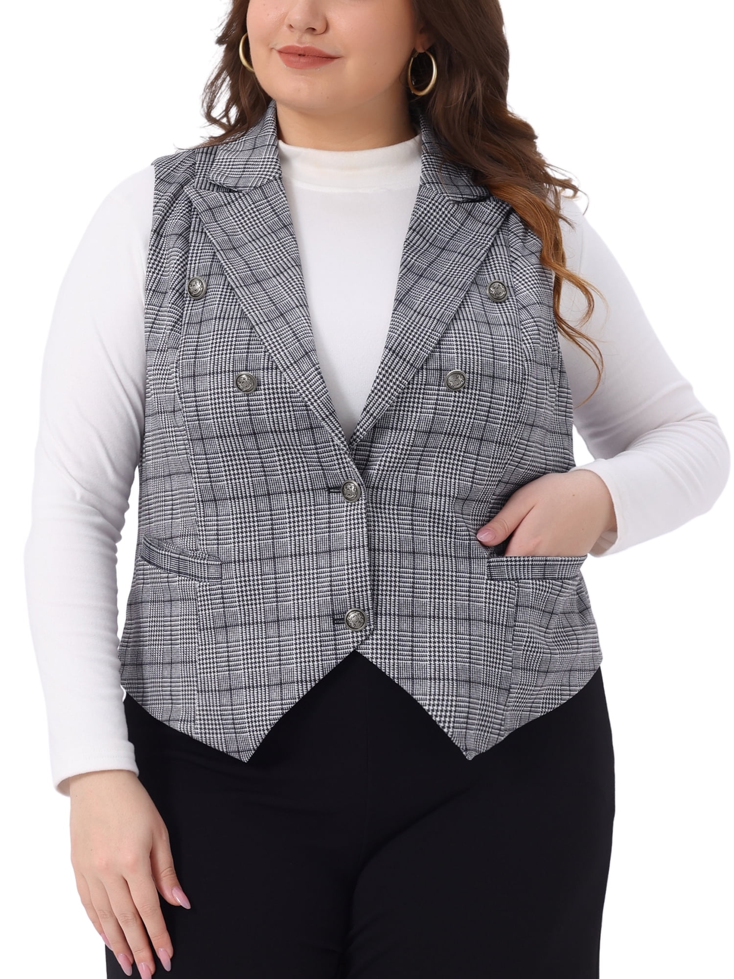 DARING DIVA Women's Plus Size Vintage Office Plaid Steampunk Checkered Vest 1X Grey