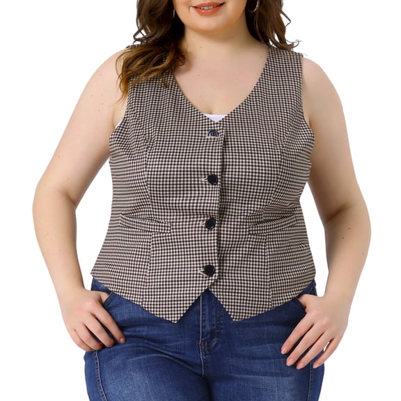 DARING DIVA Women's Plus Size Vintage Plaid Steampunk Button Vest 1X Brown