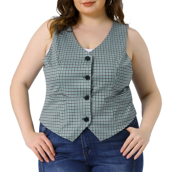DARING DIVA Women's Plus Size Vintage Plaid Steampunk Button Vest 3X Blue Green