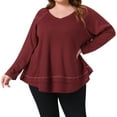 thumbnail image 1 of DARING DIVA Women's Plus Size Waffle Knitted V Neck Patchwork Hem Sweater 1X Burgundy, 1 of 7