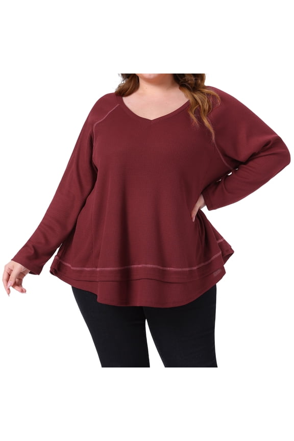 Women's Plus Size Waffle Knitted V Neck Patchwork Hem Sweater 1X Burgundy