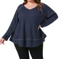 thumbnail image 1 of DARING DIVA Women's Plus Size Waffle Knitted V Neck Patchwork Hem Sweater 1X Navy Blue, 1 of 7