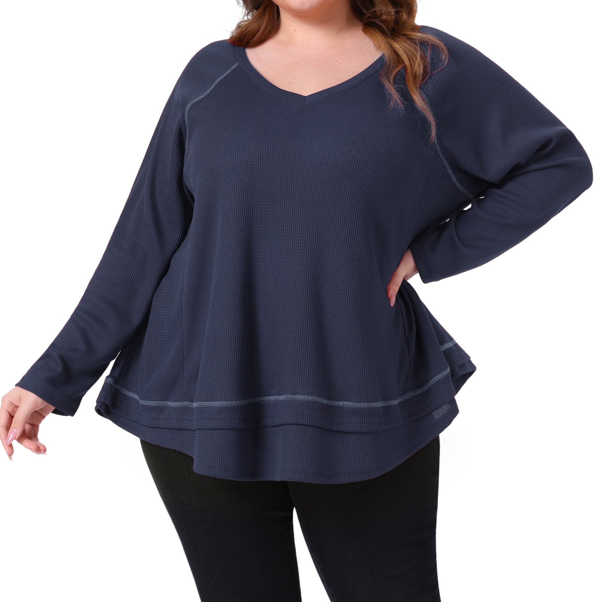 DARING DIVA Women's Plus Size Waffle Knitted V Neck Patchwork Hem Sweater 4X Navy Blue