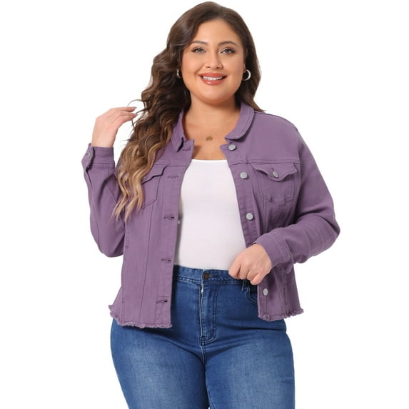 DARING DIVA Women's Plus Size Washed Front Frayed Classic Denim Jacket 1X Purple