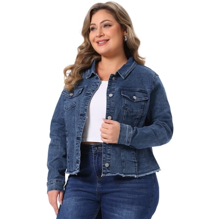 DARING DIVA Women's Plus Size Washed Front Frayed Classic Denim Jacket 1X Snow Washed Blue