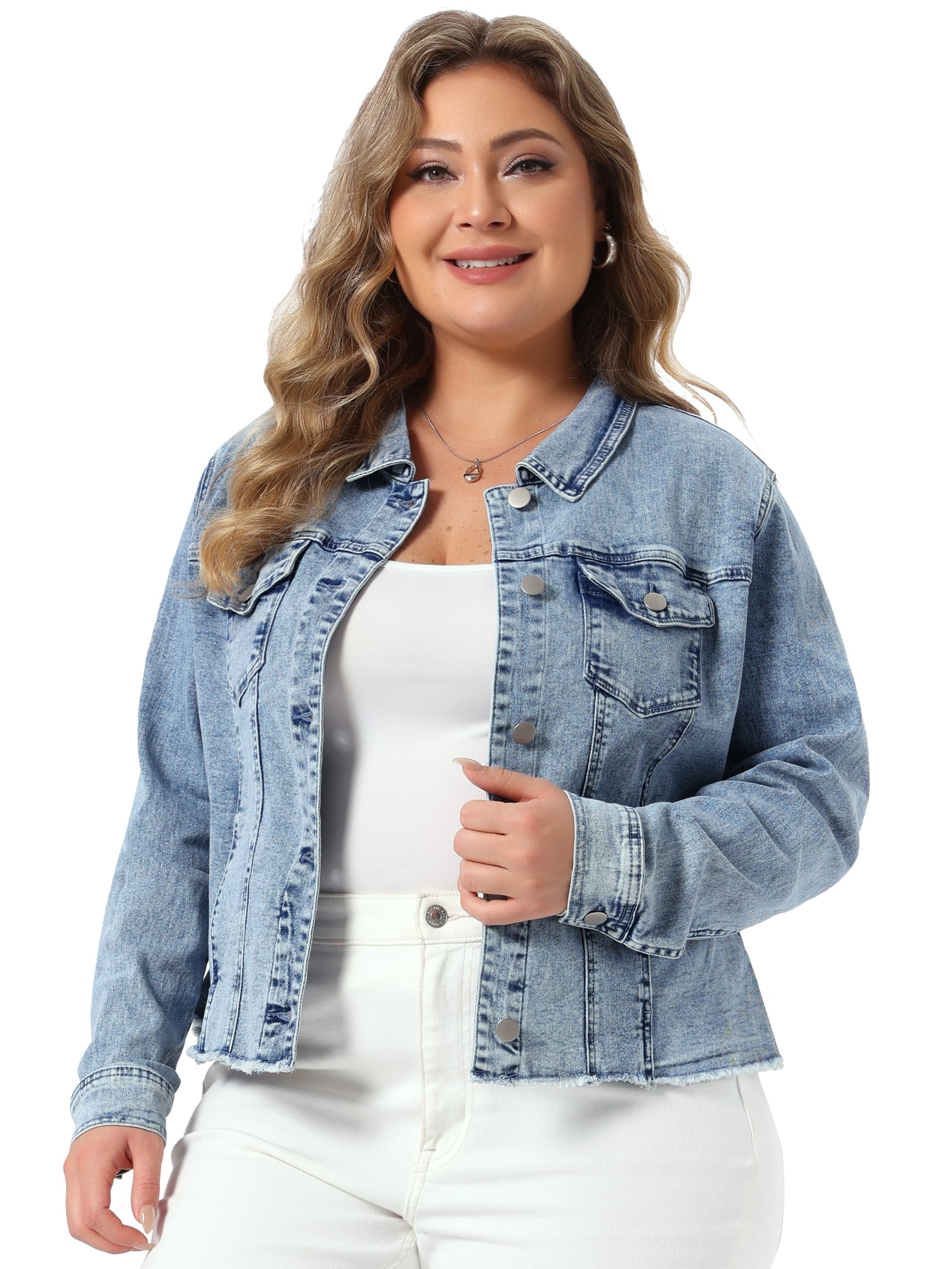 DARING DIVA Women's Plus Size Washed Front Frayed Classic Denim Jacket 2X Sky Blue1