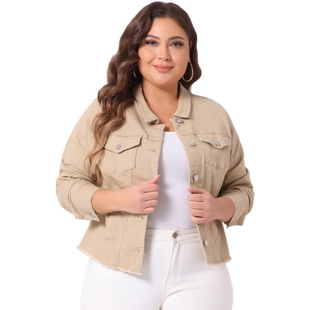 DARING DIVA Women's Plus Size Washed Front Frayed Classic Denim Jacket 3X Khaki