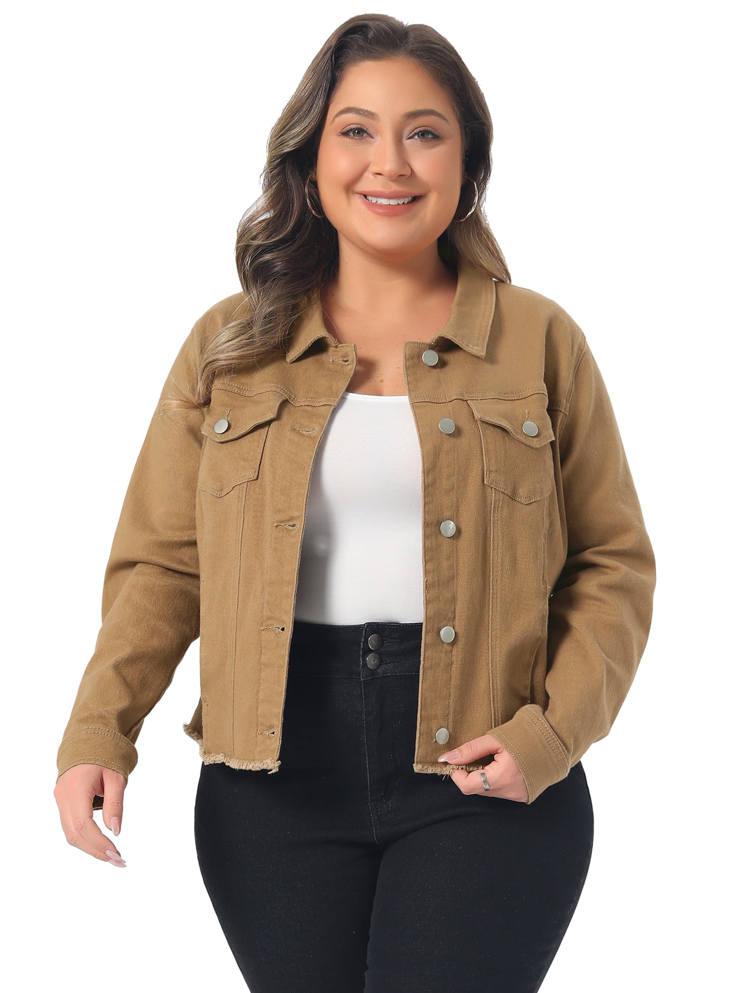 DARING DIVA Women's Plus Size Washed Front Frayed Classic Denim Jacket 4X Light Brown