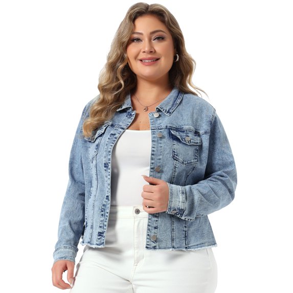 DARING DIVA Women's Plus Size Washed Front Frayed Classic Denim Jacket 4X Sky Blue1