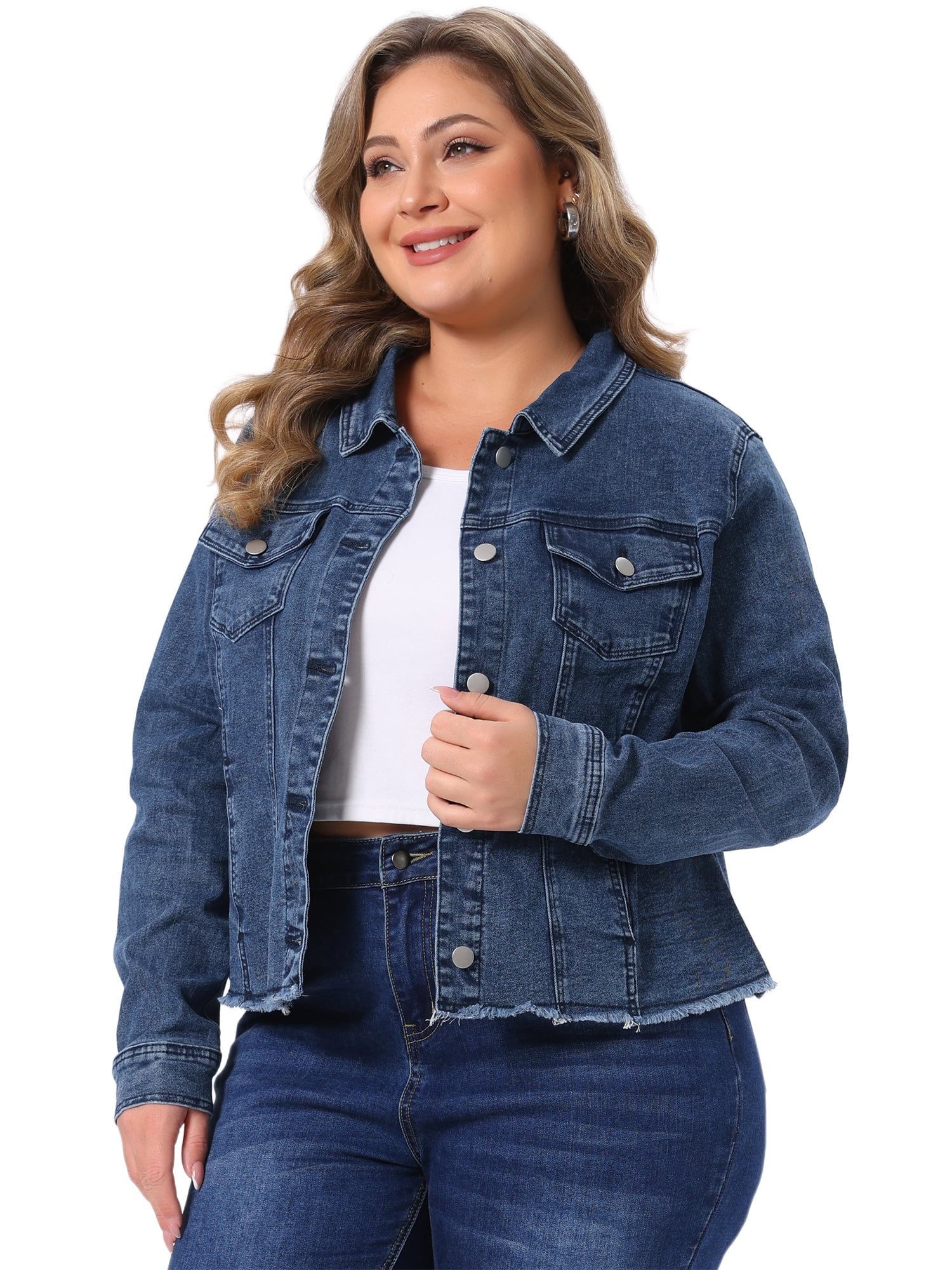DARING DIVA Women's Plus Size Washed Front Frayed Classic Denim Jacket 4X Snow Washed Blue