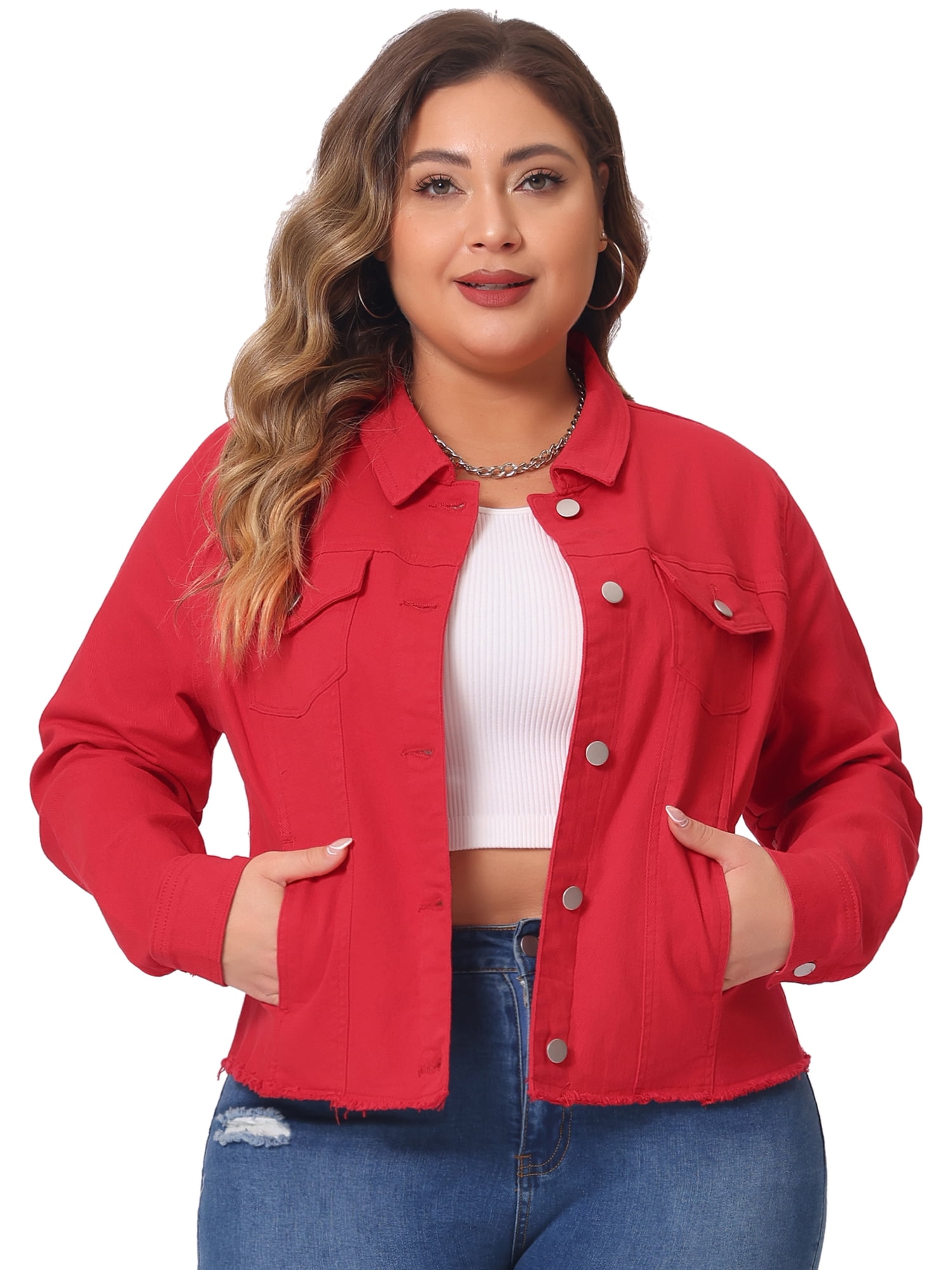DARING DIVA Women's Plus Size Washed Front Frayed Classic Denim Jacket 5X Red