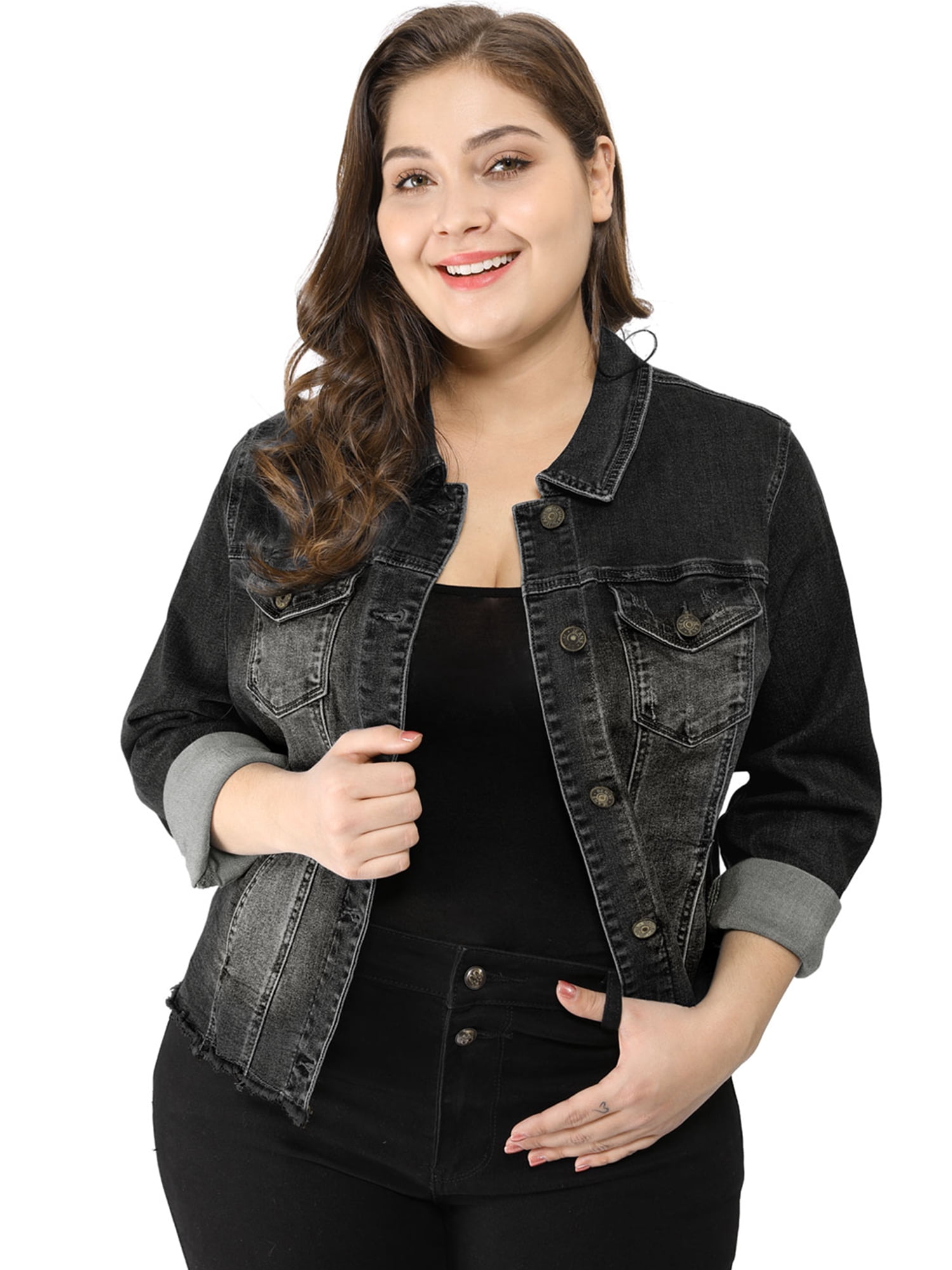 DARING DIVA Women's Plus Size Washed Front Frayed Classic Denim Jacket 6X Black