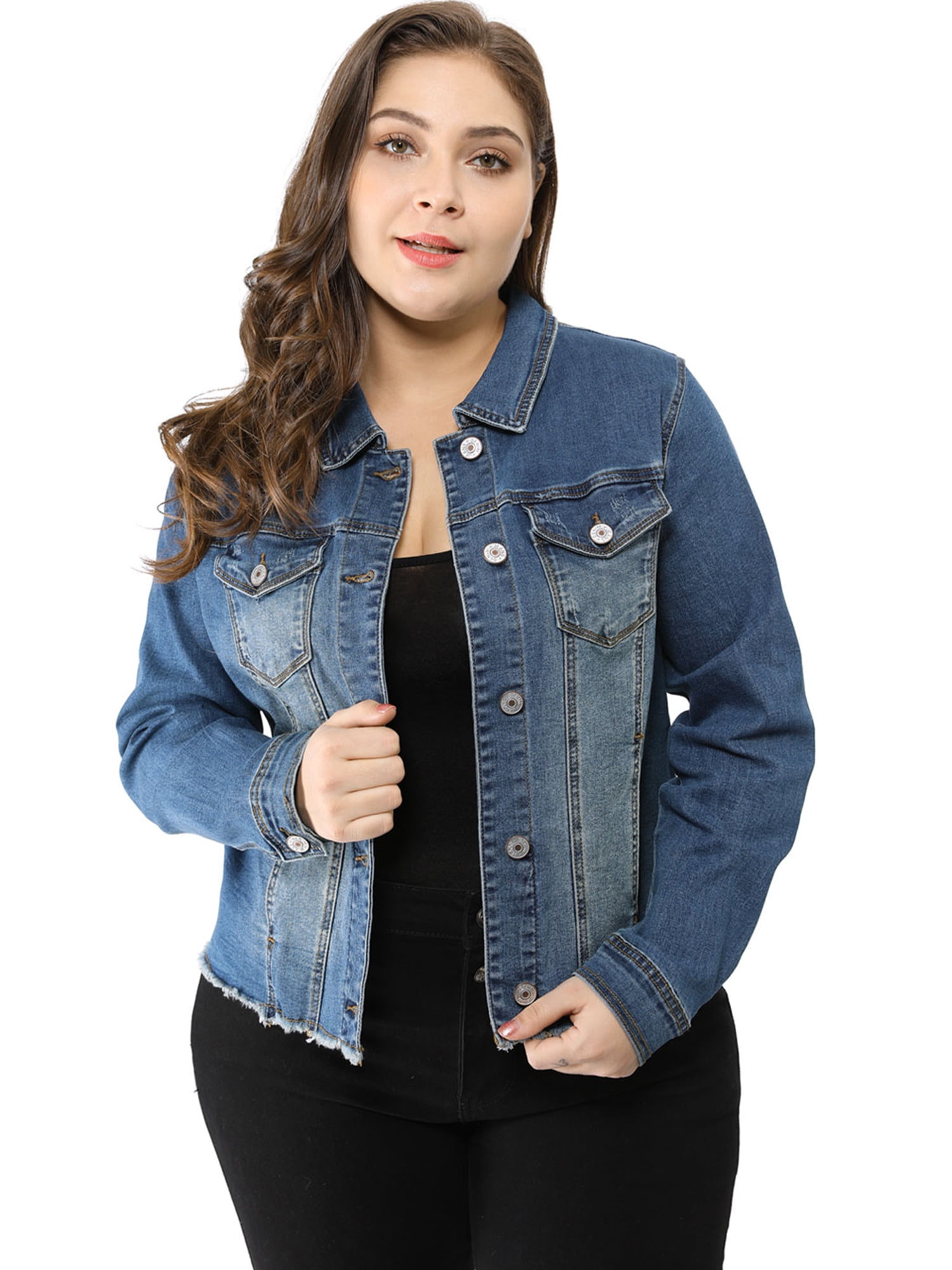 DARING DIVA Women's Plus Size Washed Front Frayed Classic Denim Jacket 6X Blue
