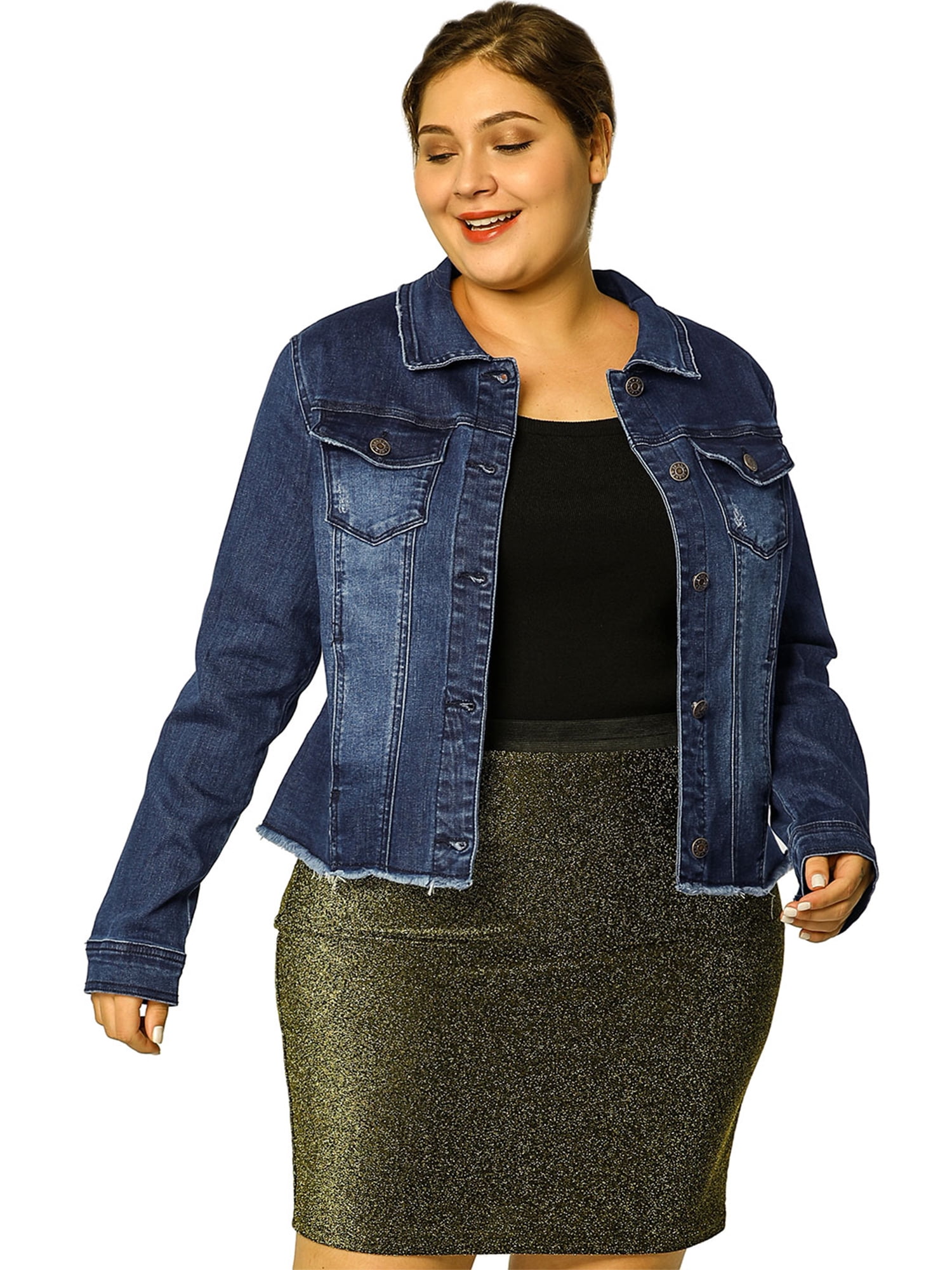 DARING DIVA Women's Plus Size Washed Front Frayed Classic Denim Jacket 6X Dark Blue