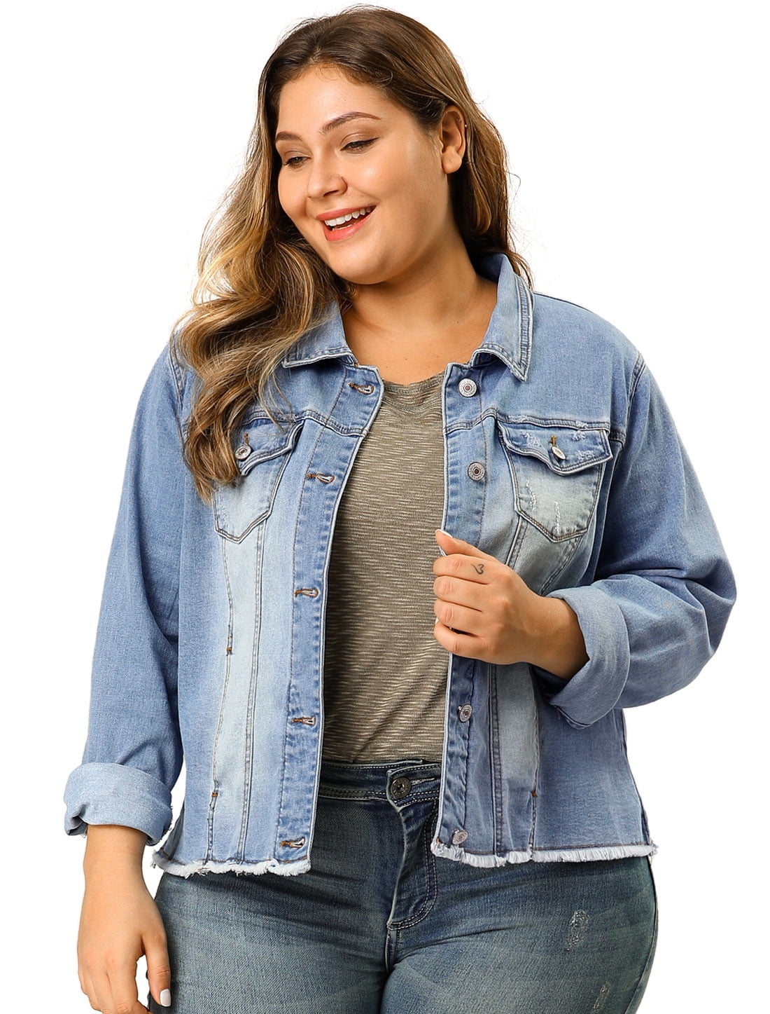 DARING DIVA Women's Plus Size Washed Front Frayed Classic Denim Jacket 6X Light Blue