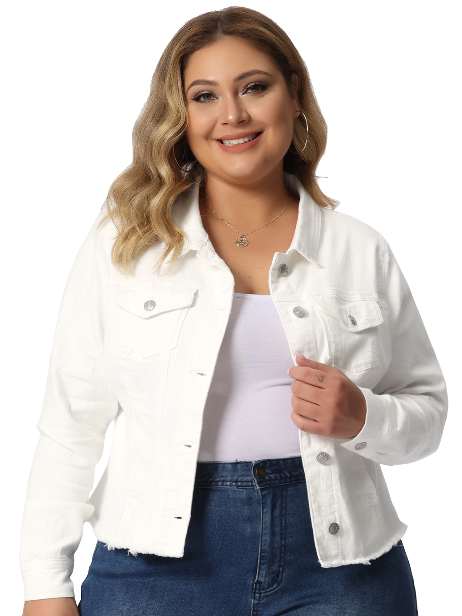 DARING DIVA Women's Plus Size Washed Front Frayed Classic Denim Jacket 6X White