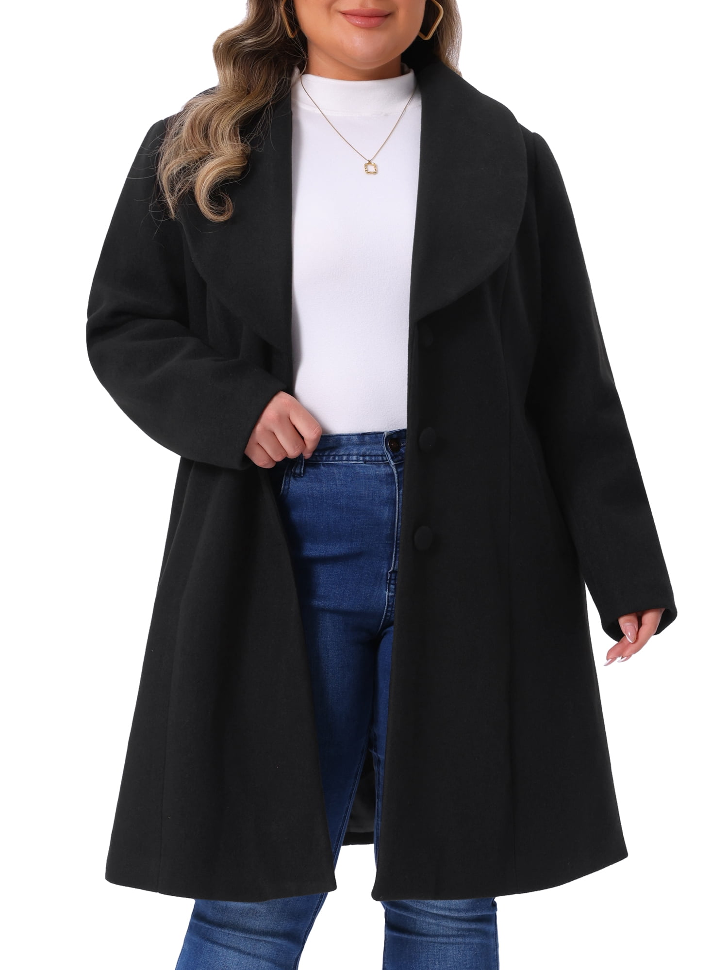 DARING DIVA Women's Plus Size Winter Outerwear Coat with Shawl Collar 3X Black