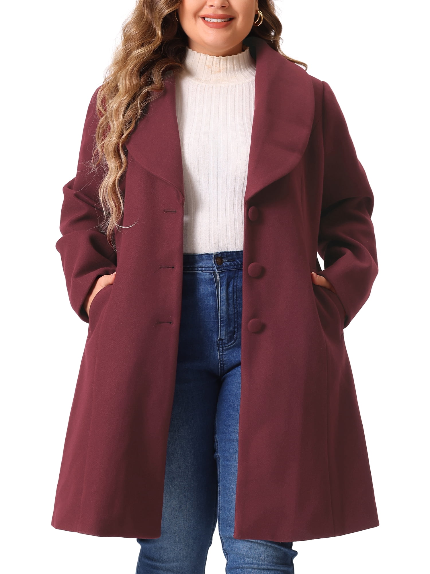 DARING DIVA Women's Plus Size Winter Outerwear Coat with Shawl Collar 4X Burgundy