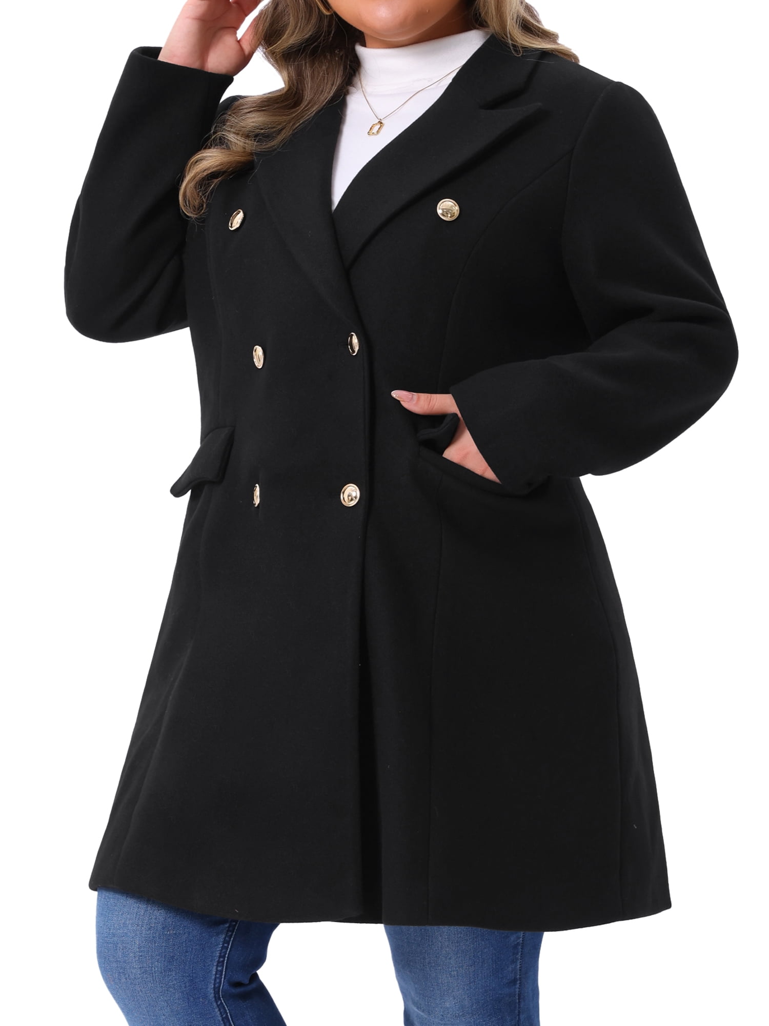 DARING DIVA Women's Plus Size Winter Pea Coat Double Breasted Notch Lapel 1X Black
