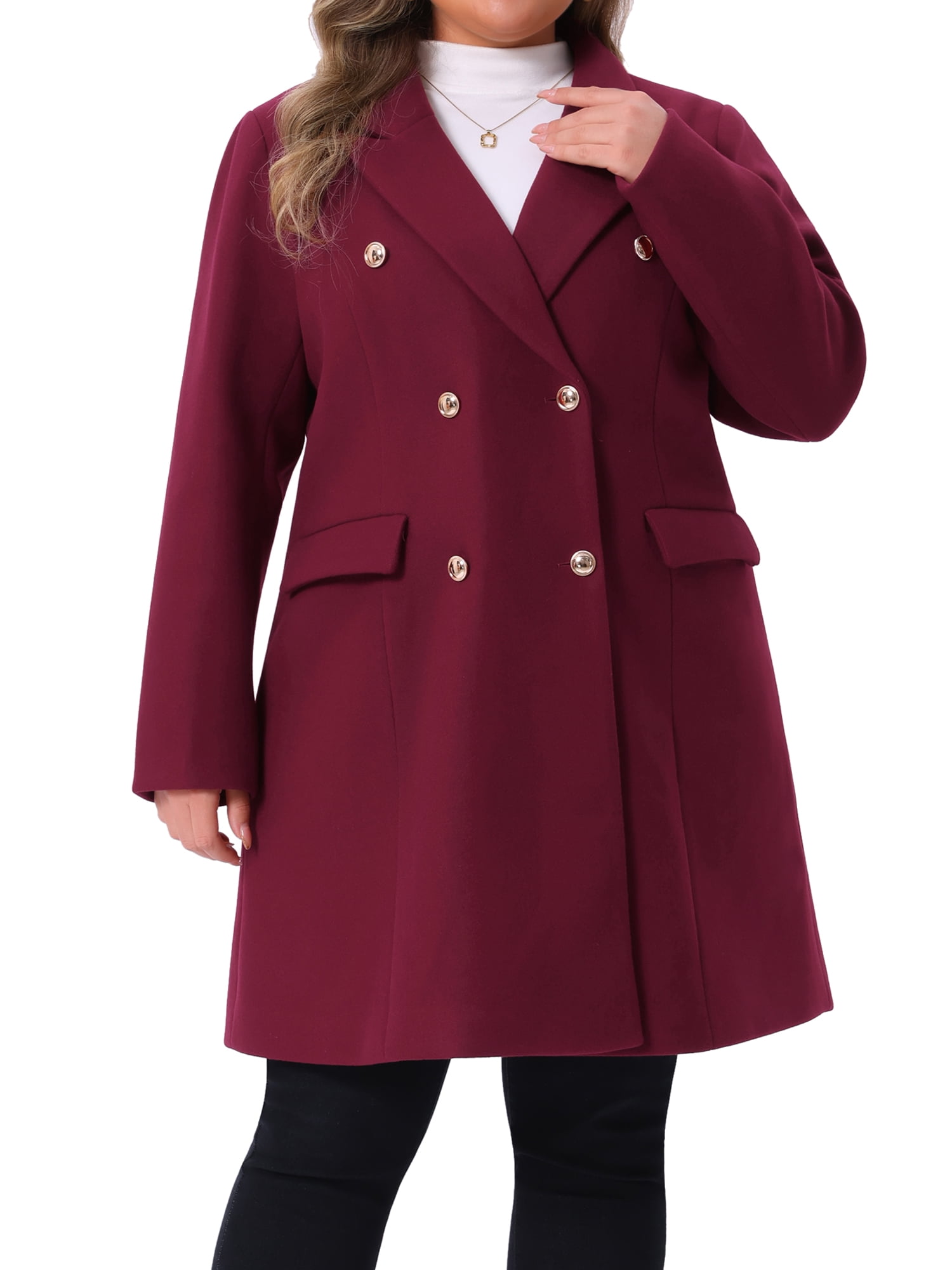 DARING DIVA Women's Plus Size Winter Pea Coat Double Breasted Notch Lapel 1X Burgundy