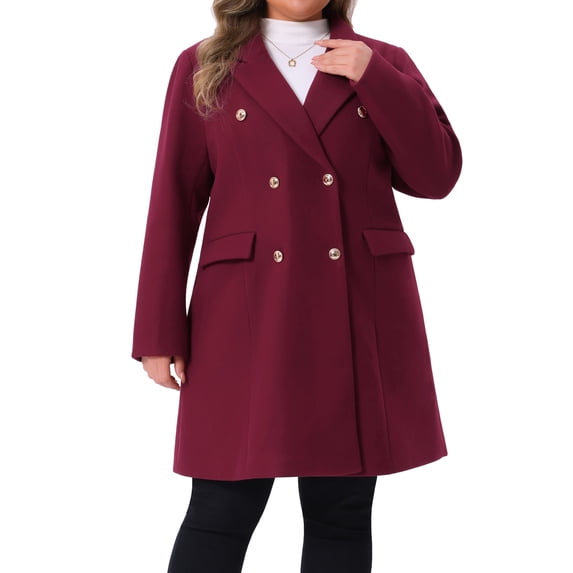 DARING DIVA Women's Plus Size Winter Pea Coat Double Breasted Notch Lapel 2X Burgundy