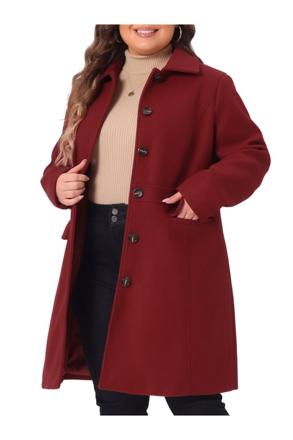 Women's Plus Size Peter Pan Collar Single Breasted Coat 1X Dark Red