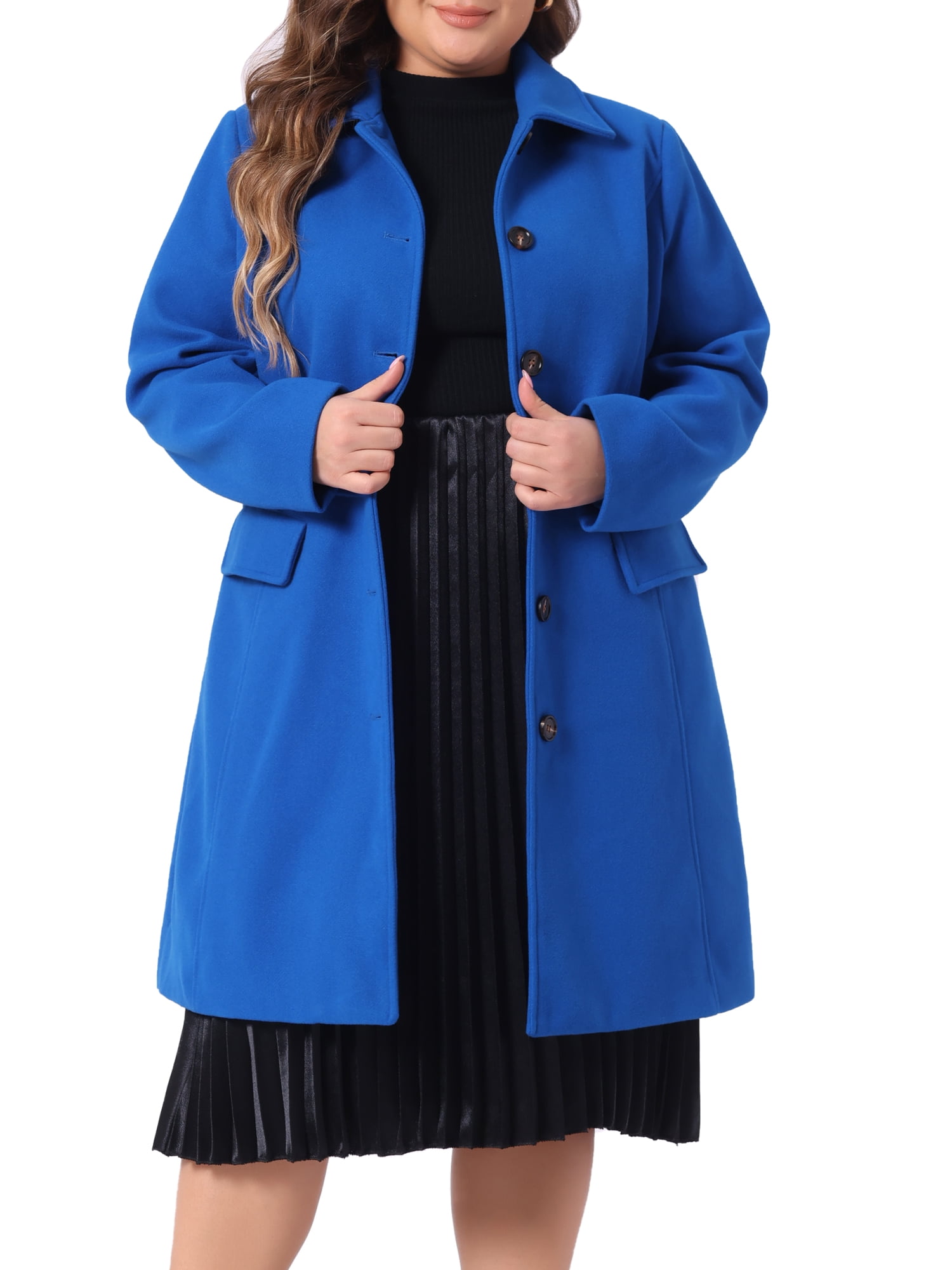 DARING DIVA Women's Plus Size Peter Pan Collar Single Breasted Coat 1X Royal Blue
