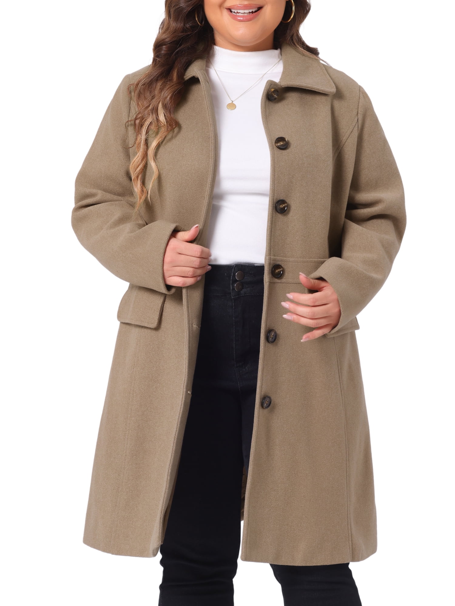 DARING DIVA Women's Plus Size Peter Pan Collar Single Breasted Coat 3X Light Brown