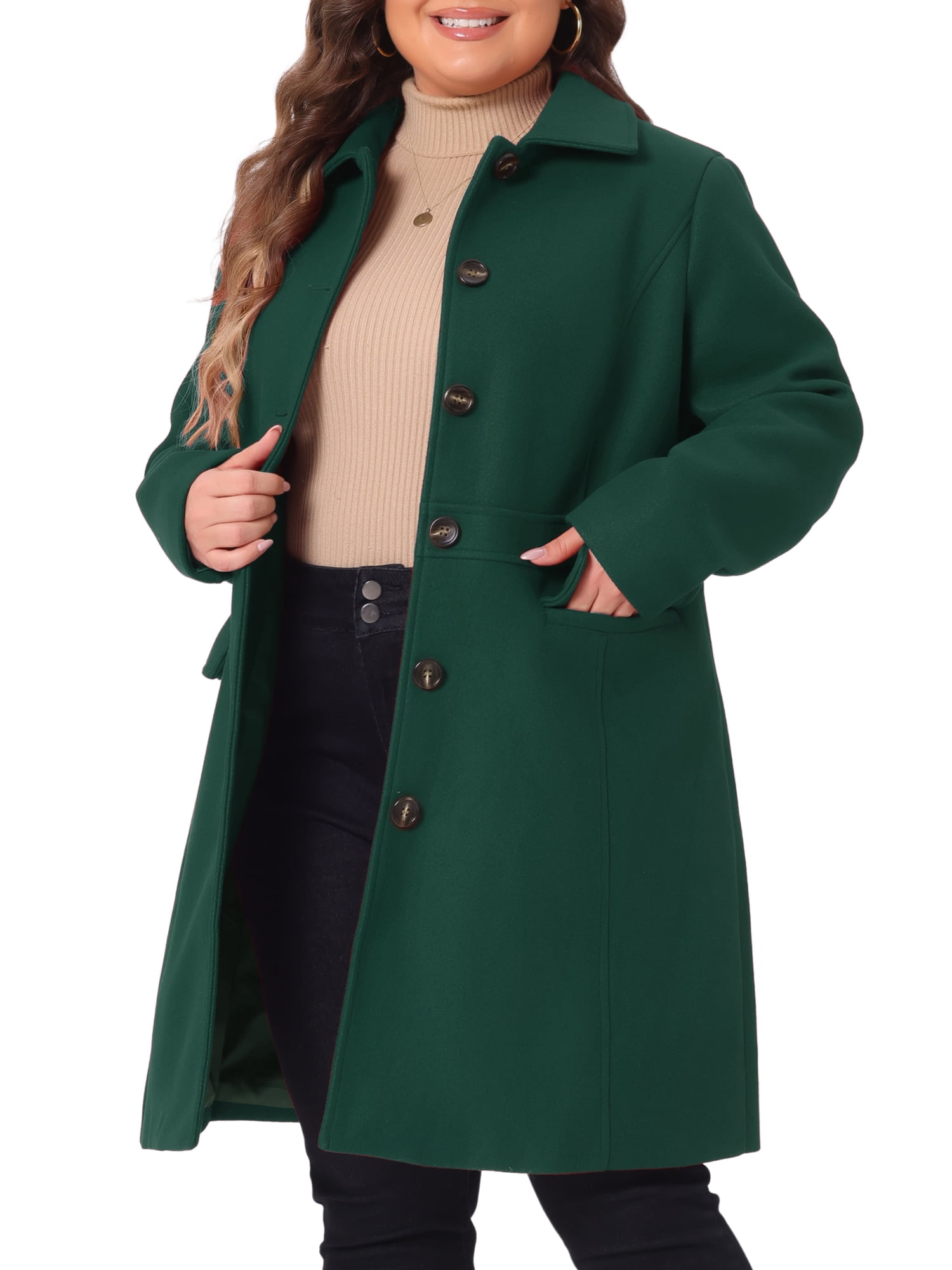 DARING DIVA Women's Plus Size Peter Pan Collar Single Breasted Coat 4X Dark Green