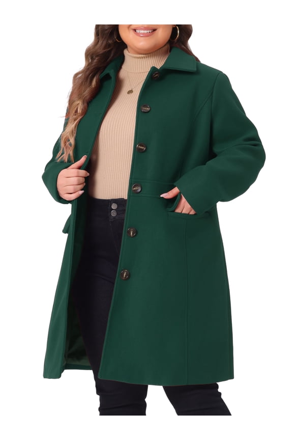 Women's Plus Size Winter Peacoat Single-Breasted Coat 4X Dark Green