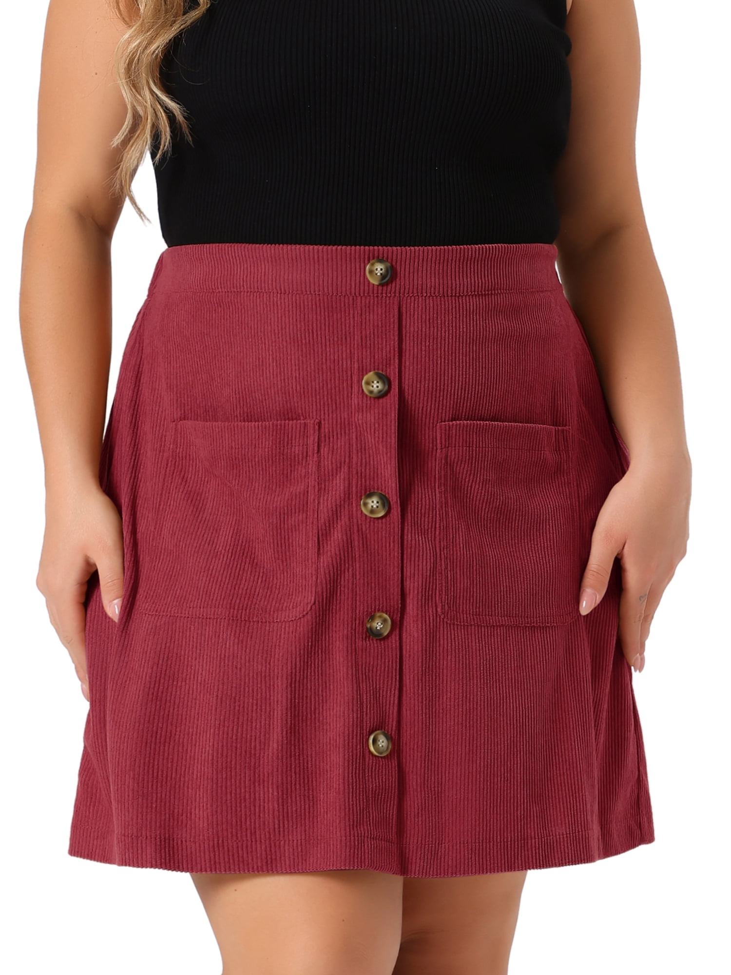DARING DIVA Women's Plus Size with Pockets Mini Corduroy Skirt 2X Burgundy