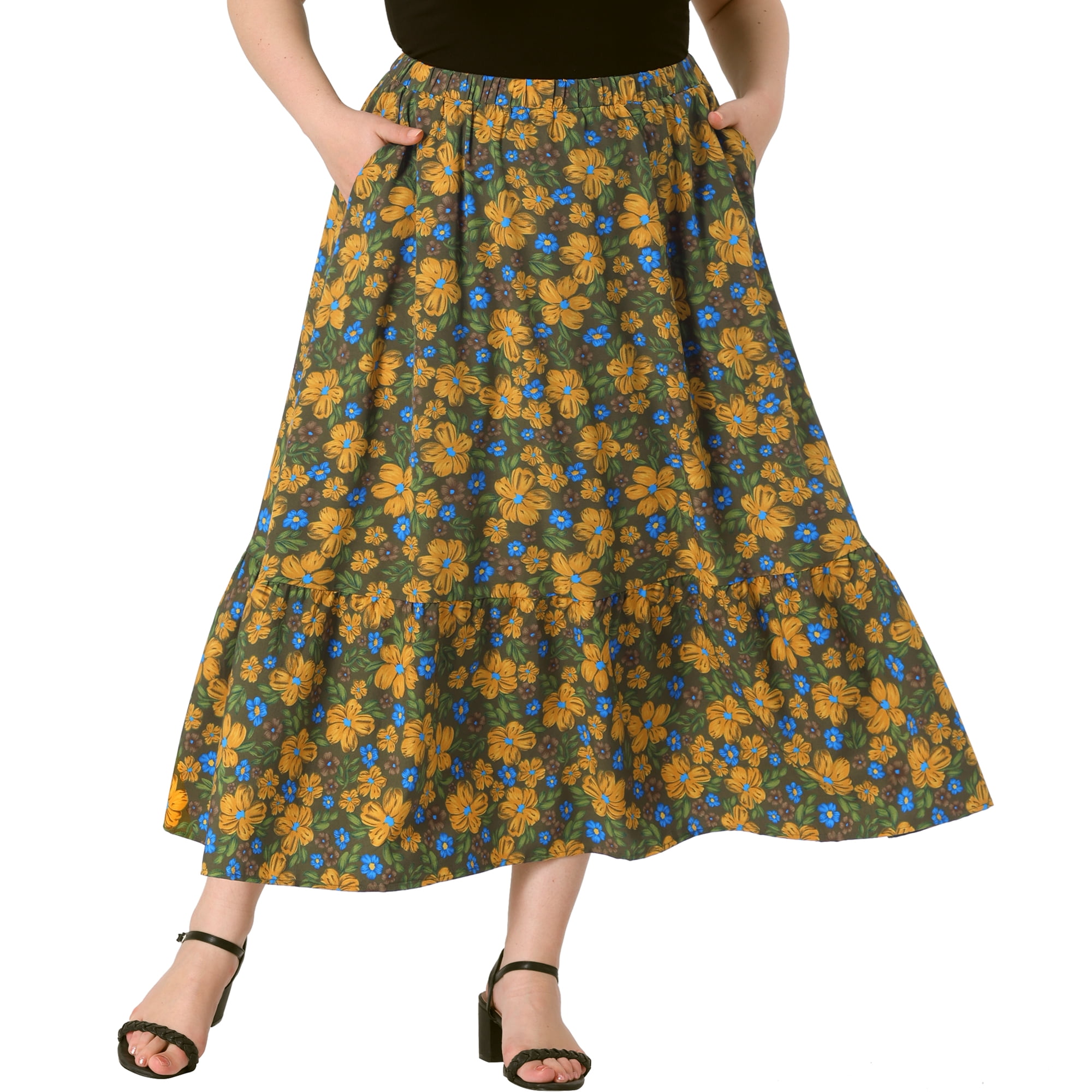 DARING DIVA Women's Plus Skirts Floral Stretchy Waist Layered Maxi Skirt 1X Green Yellow