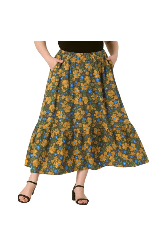 Women's Plus Skirts Floral Stretchy Waist Layered Maxi Skirt 4X Green Yellow