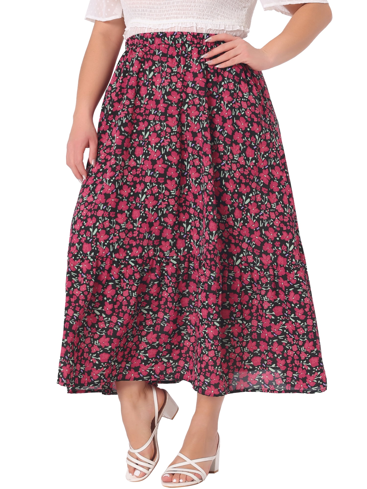 DARING DIVA Women's Plus Skirts Floral Stretchy Waist Layered Maxi Skirt 4XL Black